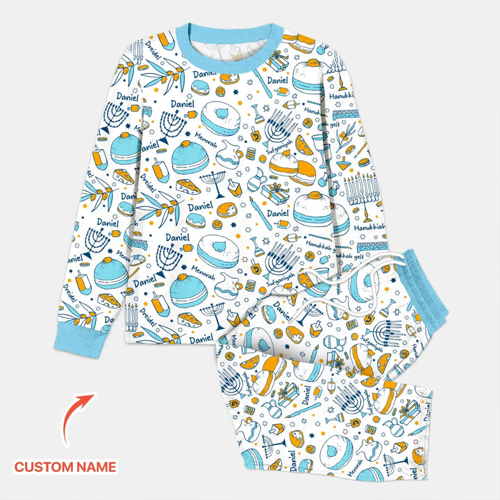 Happy Hanukkah Doodles Custom Name Family Matching Bamboo Men's Pajama Set