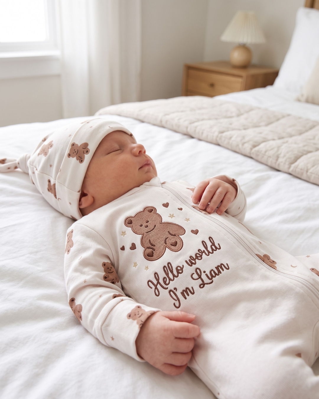 Teddy Bear Hello World Embroidered Bamboo Zipper Footie