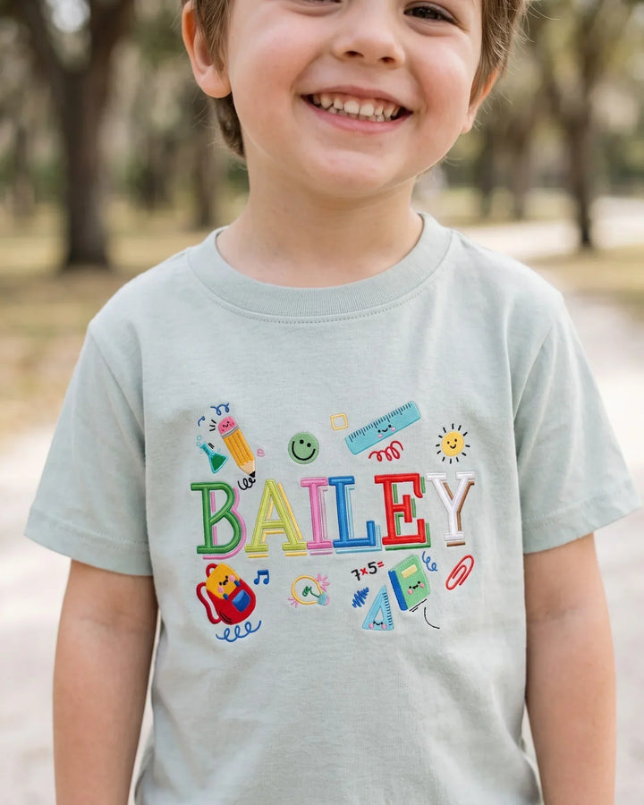 Custom Name Colorful Campus Embroidered Bamboo Crewneck T-Shirt