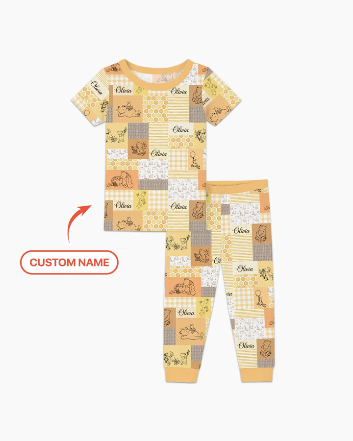 Personalized Classic Bear Patchwork  Bamboo Two Piece Short Sleeve Pajama Set
