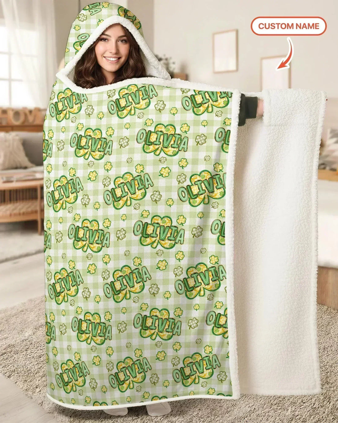 Lucky Shamrock Custom Name Bamboo Wearable Hooded Blanket