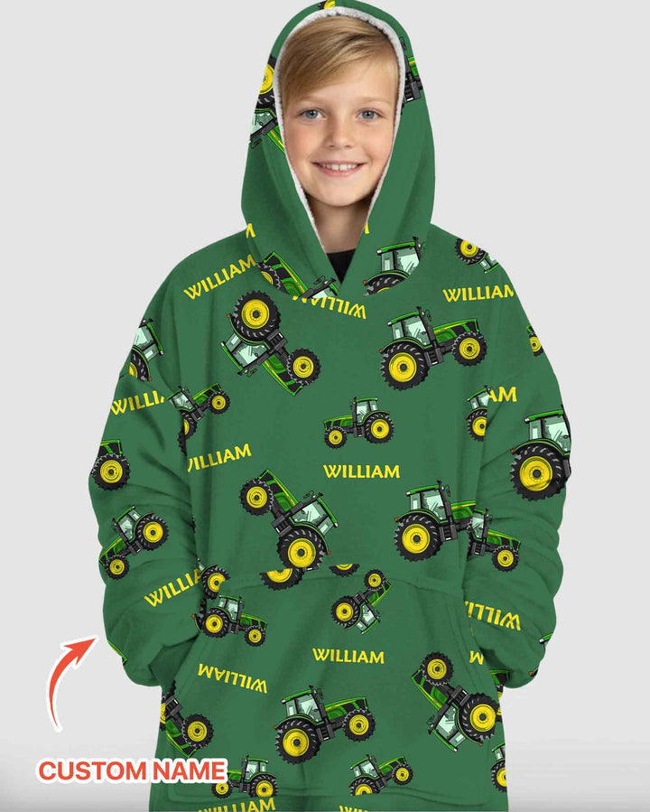 Custom Name Green Tractors Matching Daddy & Me Bamboo Blanket Hoodie