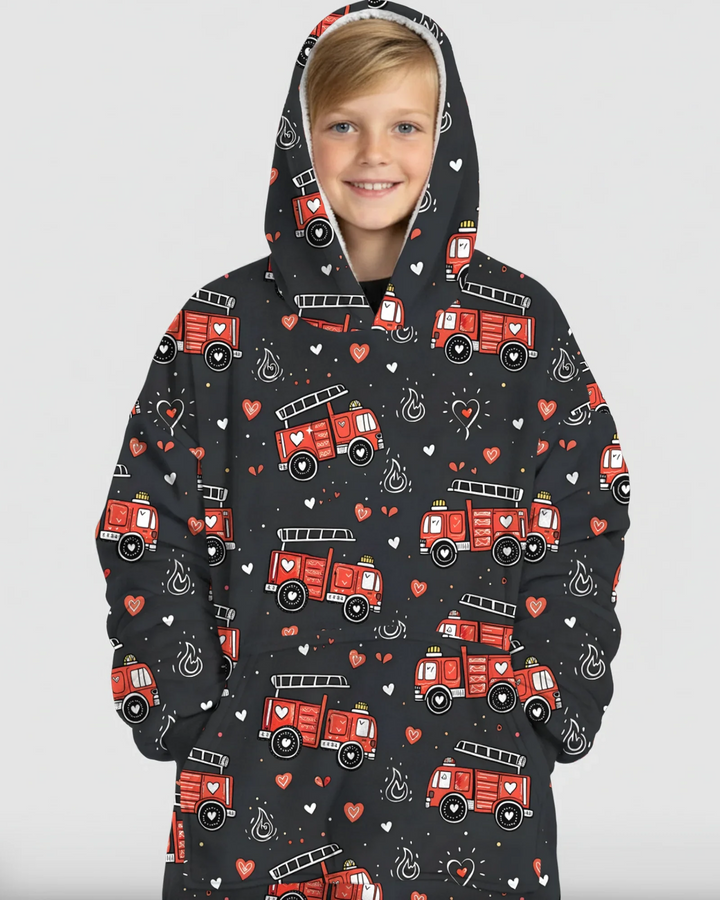 Valentine Fire Trucks Wearable Bamboo Blanket Hoodie