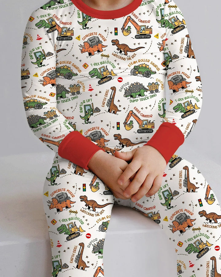 Dinosaur Construction Truck Bamboo Two Piece Long Sleeve Pajama Set