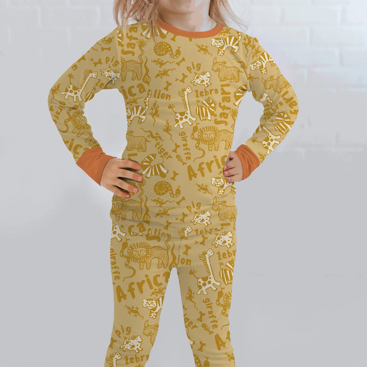 Handdrawn African Animals Bamboo Two Piece Long Sleeve Pajama Set