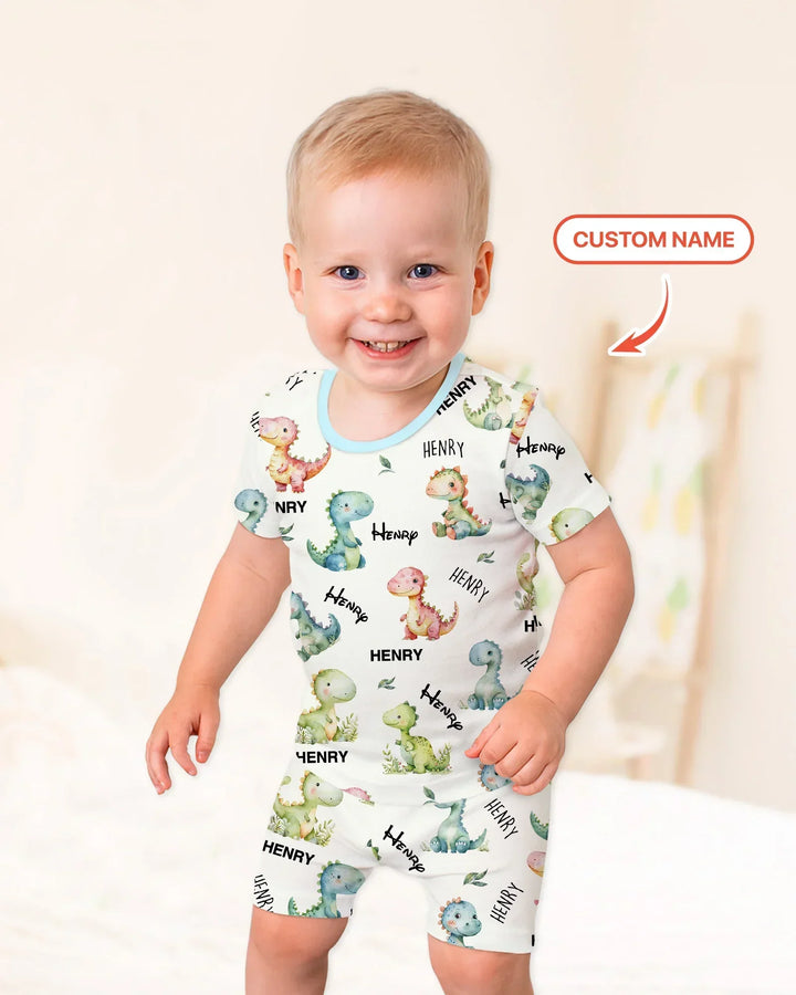Dinosaur Custom Name Bamboo Two Piece Short Sleeve Shorts Pajama Set