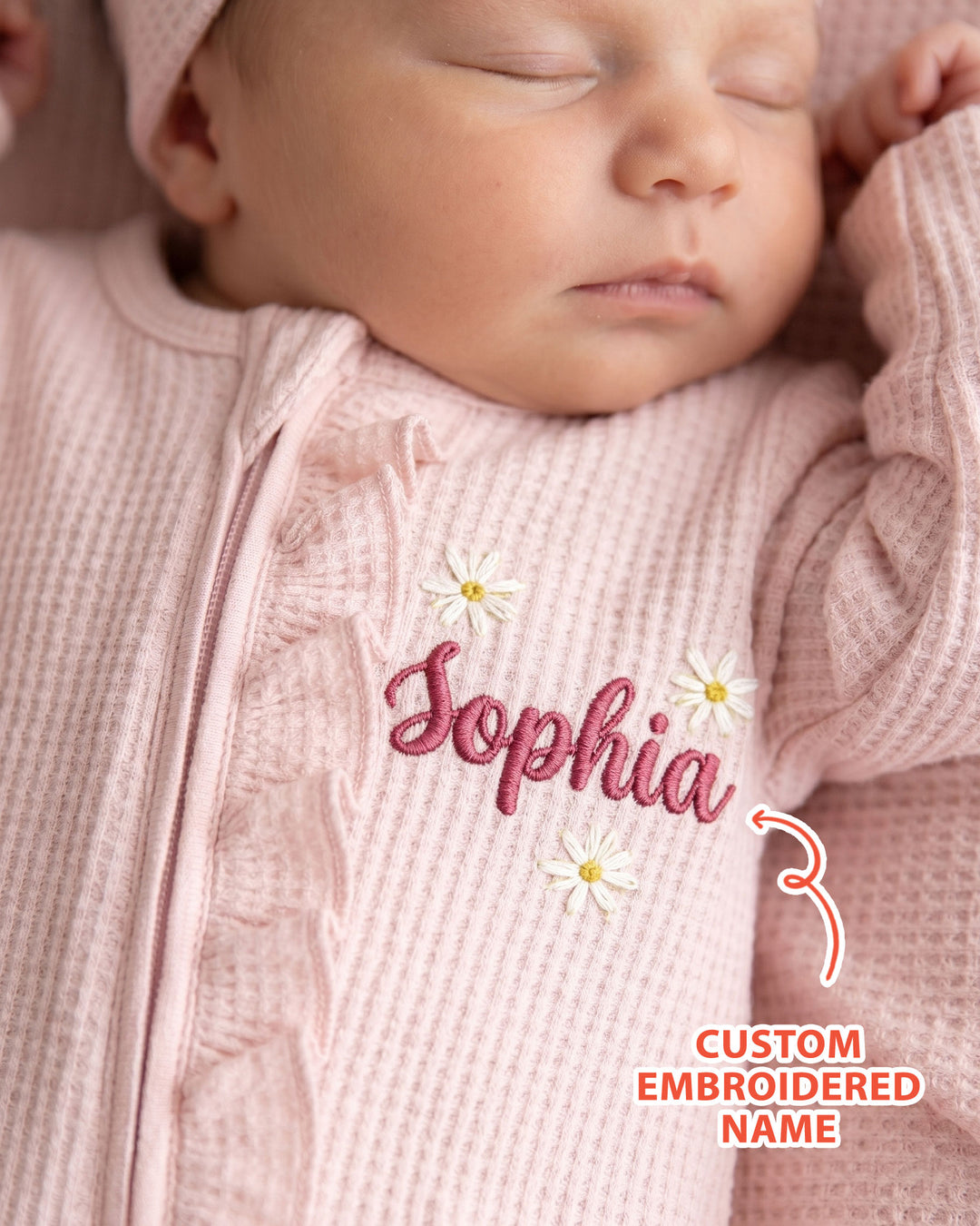 Custom Name With Daisy Embroidered Waffle Ruffle Bamboo Zipper Footie