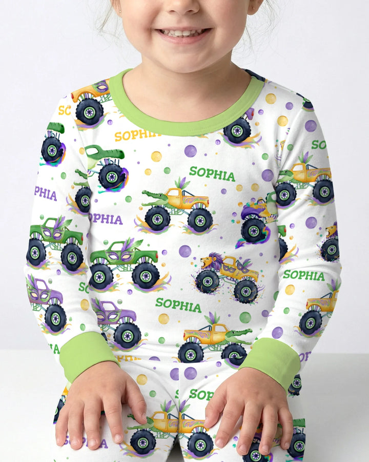 Custom Name Mardi Gras Monster Trucks Bamboo Two Piece Long Sleeve Pajama Set
