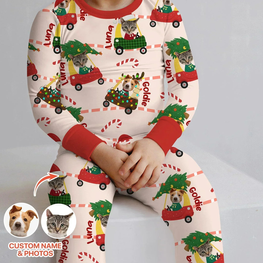 Custom Pet Photo Christmas Tikes Car Bamboo Two Piece Long Sleeve Pajama Set