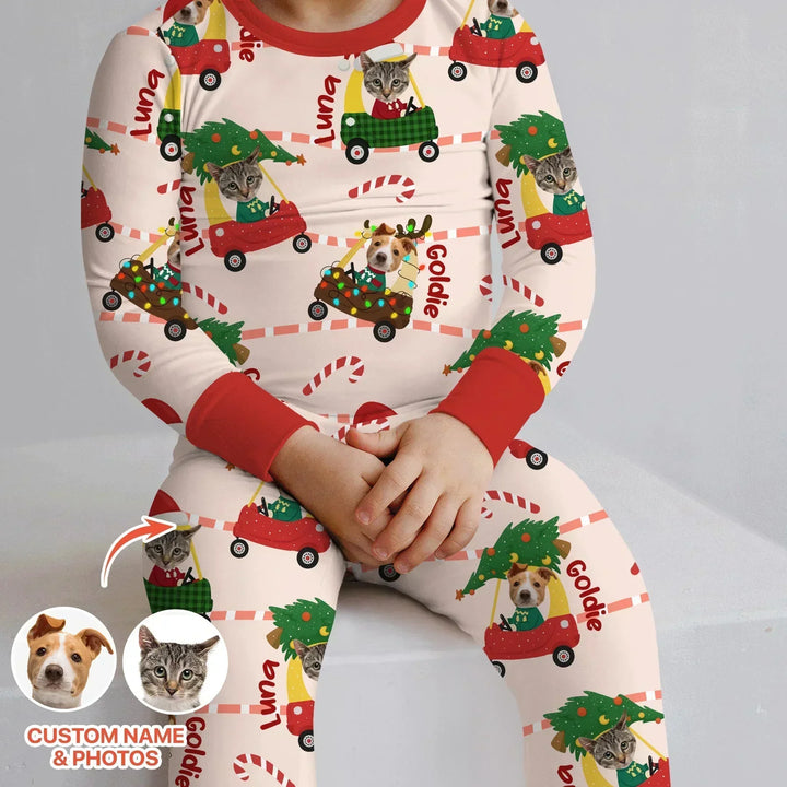 Custom Pet Photo Christmas Tikes Car Bamboo Two Piece Long Sleeve Pajama Set