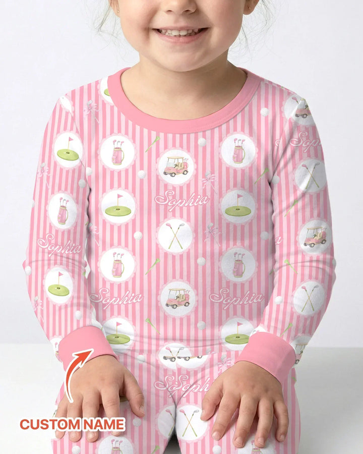 Custom Name Pink Golf Girl Bamboo Two Piece Long Sleeve Pajama Set