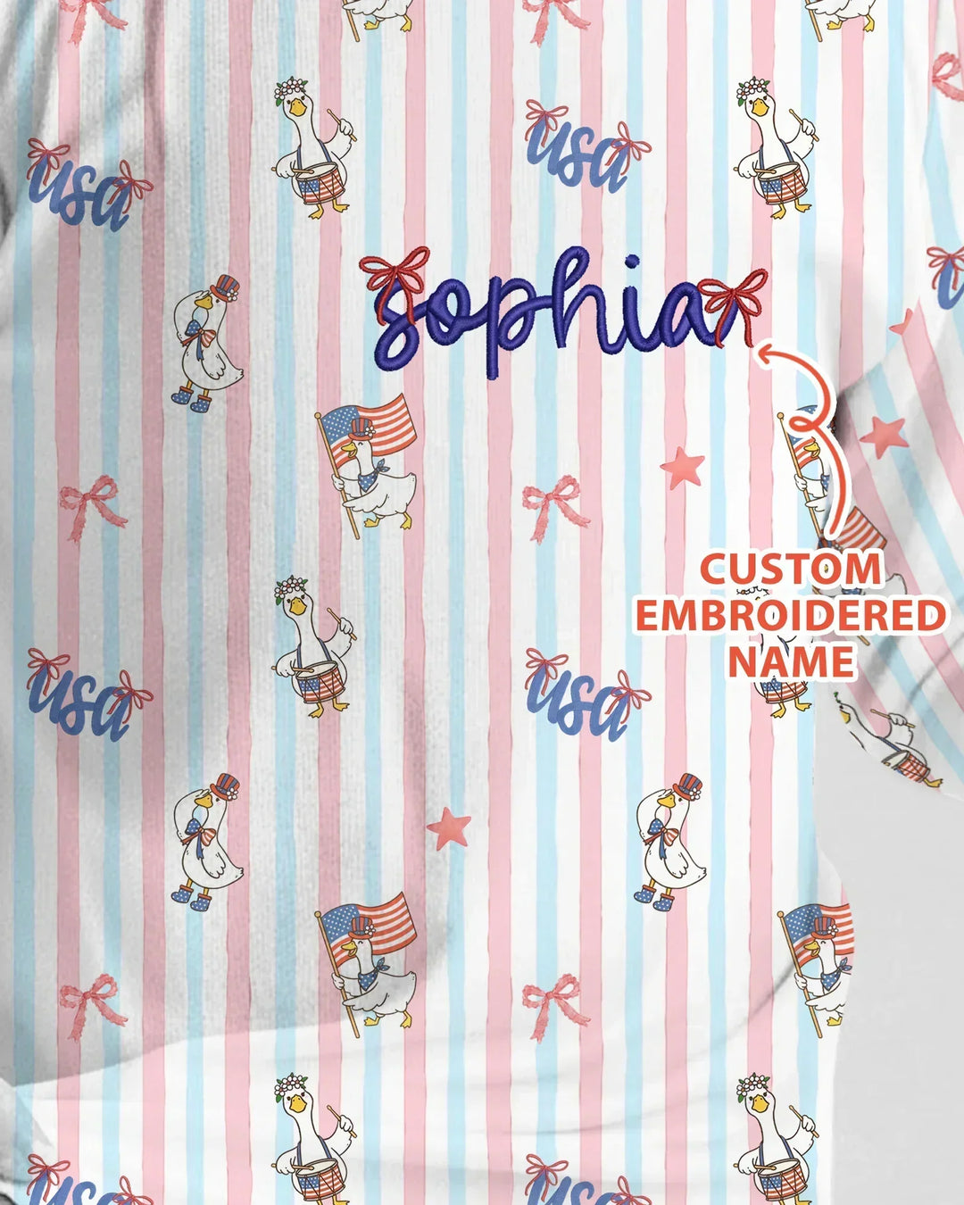 Personalized Cute Goose America 250 Embroidered Bamboo Two Piece Long Sleeve Pajama Set