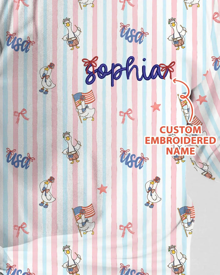 Personalized Cute Goose America 250 Embroidered Bamboo Two Piece Long Sleeve Pajama Set