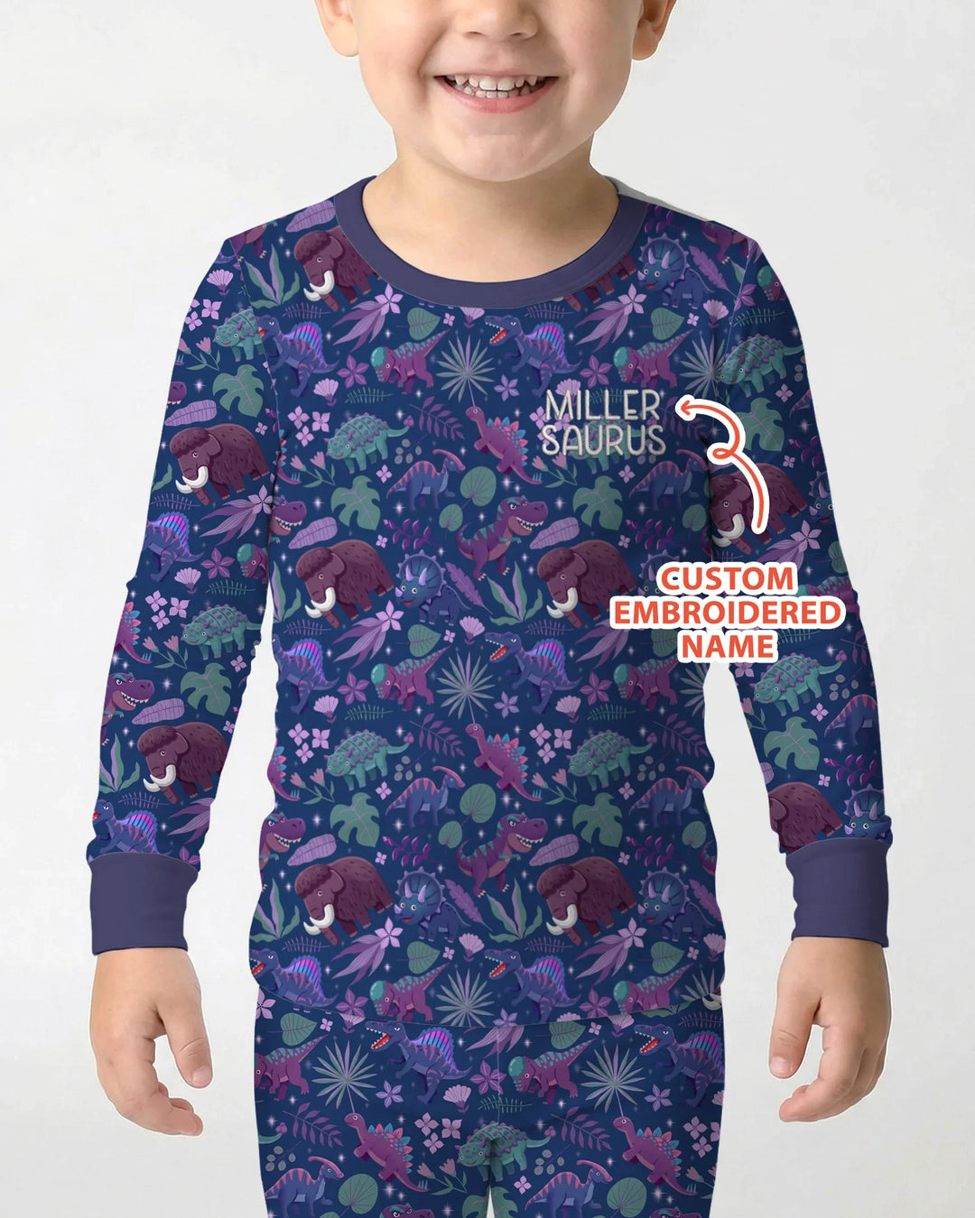 Custom Name Embroidered Dino Dream Night Bamboo Two Piece Long Sleeve Pajama Set
