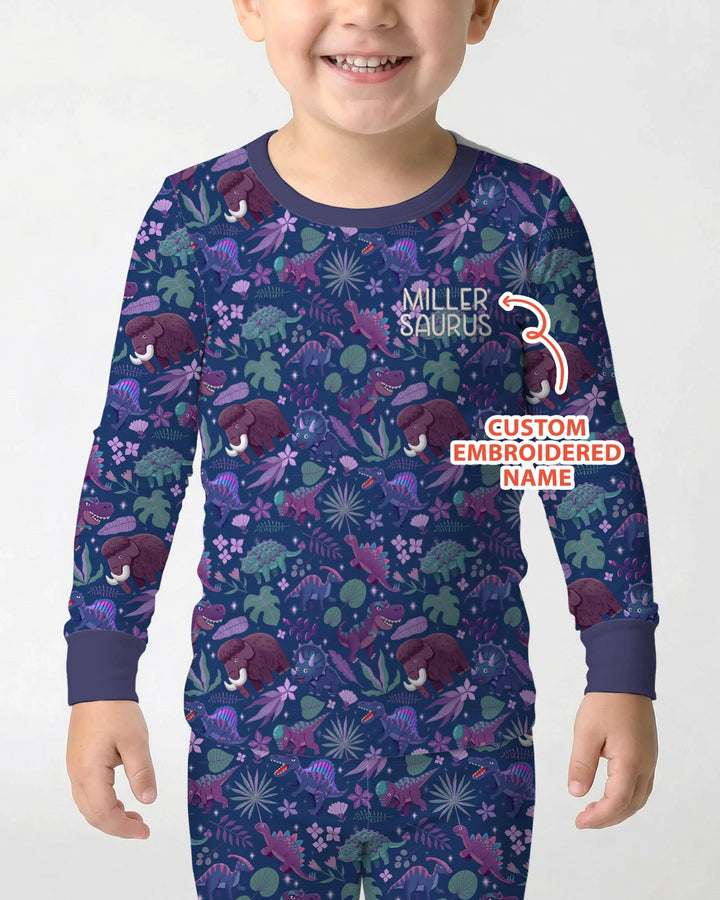 Custom Name Embroidered Dino Dream Night Bamboo Two Piece Long Sleeve Pajama Set
