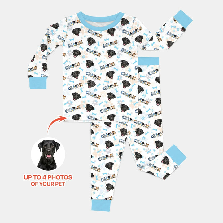 Custom Name Doodle Letters Blue Dog Bamboo Two Piece Long Sleeve Pajama Set