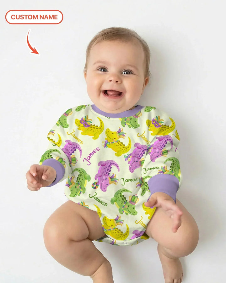 Custom Name Mardi Gras Alligator Bamboo Bubble Romper
