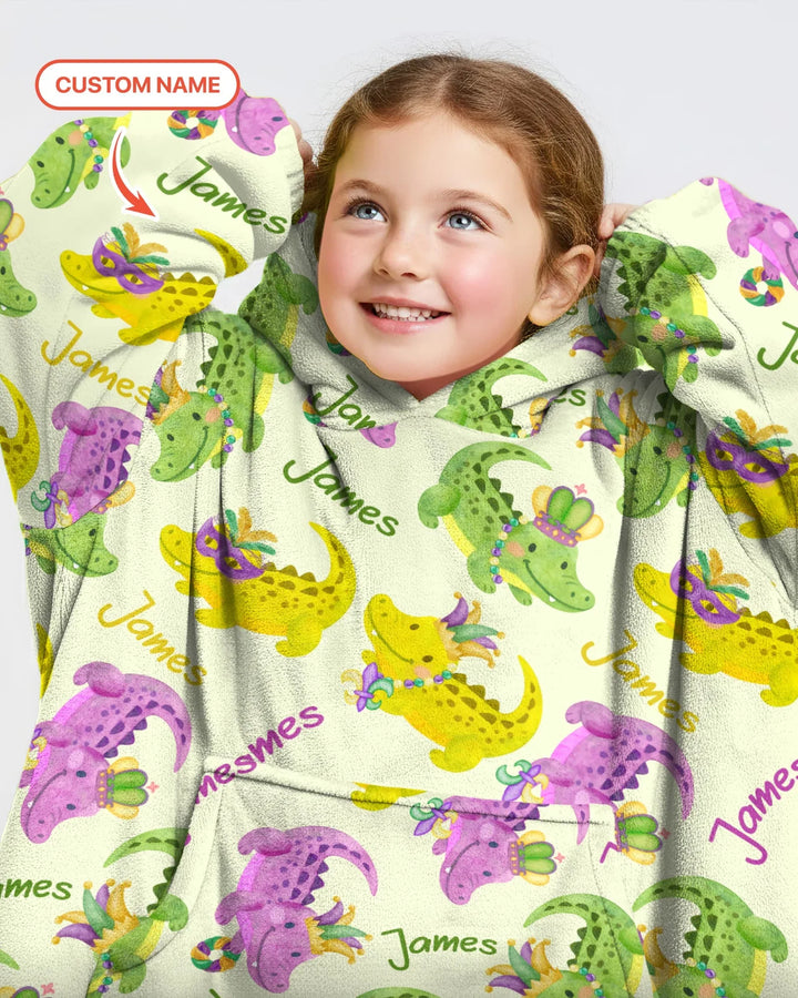 Custom Name Mardi Gras Alligator Wearable Bamboo Blanket Hoodie