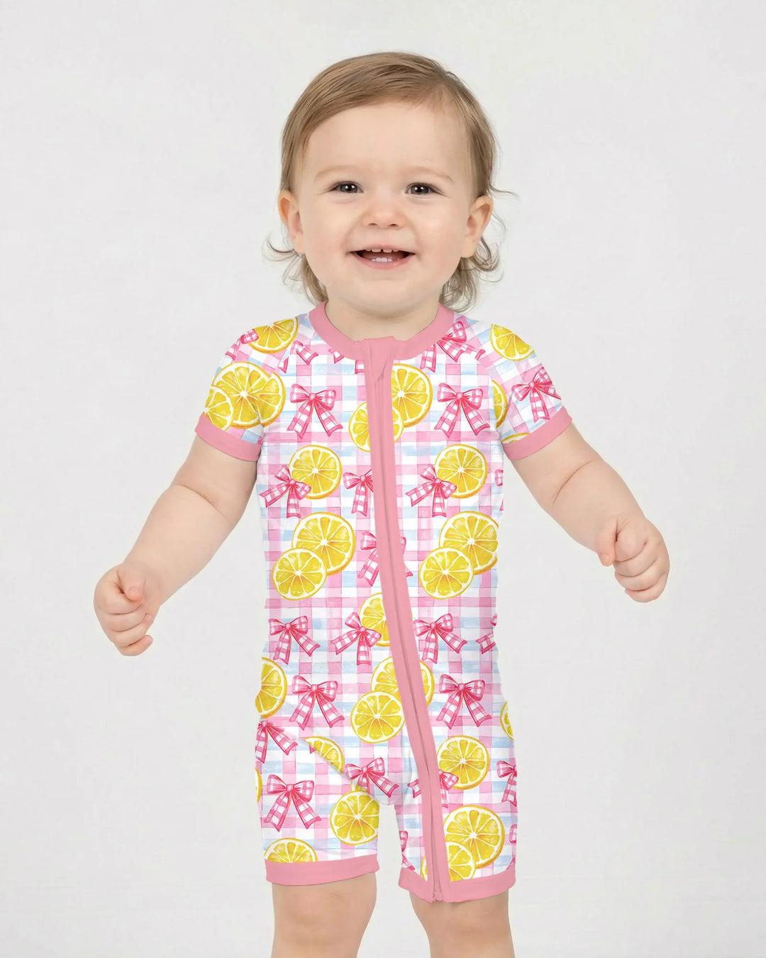 Pink Lemons Bows Checkered Bamboo Shorty Zippy