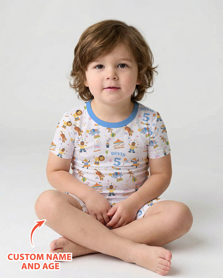 Custom Name Birthday Circus Bamboo Two Piece Short Sleeve Shorts Pajama Set