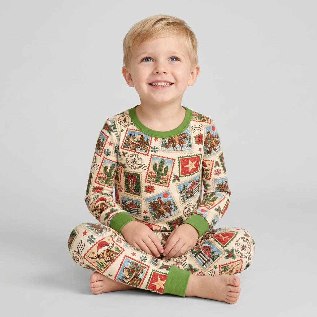 Western Christmas Stamps Bamboo Two Piece Long Sleeve Pajama Set