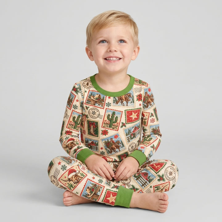 Western Christmas Stamps Bamboo Two Piece Long Sleeve Pajama Set