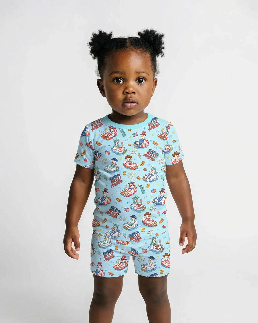 250 America Patriotic Goose Family Matching Bamboo Two Piece Short Sleeve Shorts Pajama Set