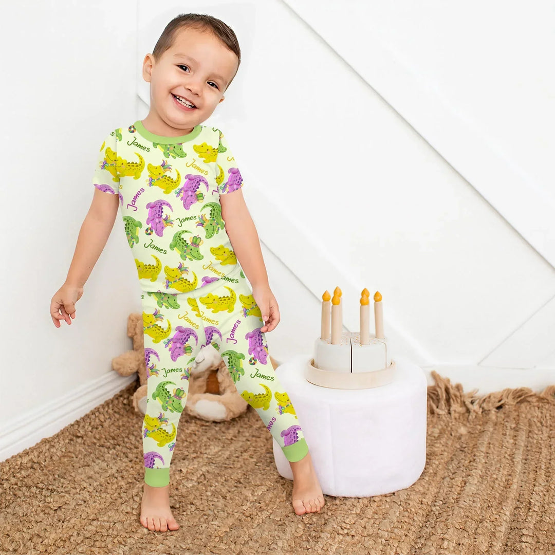 Custom Name Mardi Gras Alligator Bamboo Two Piece Short Sleeve Pajama Set