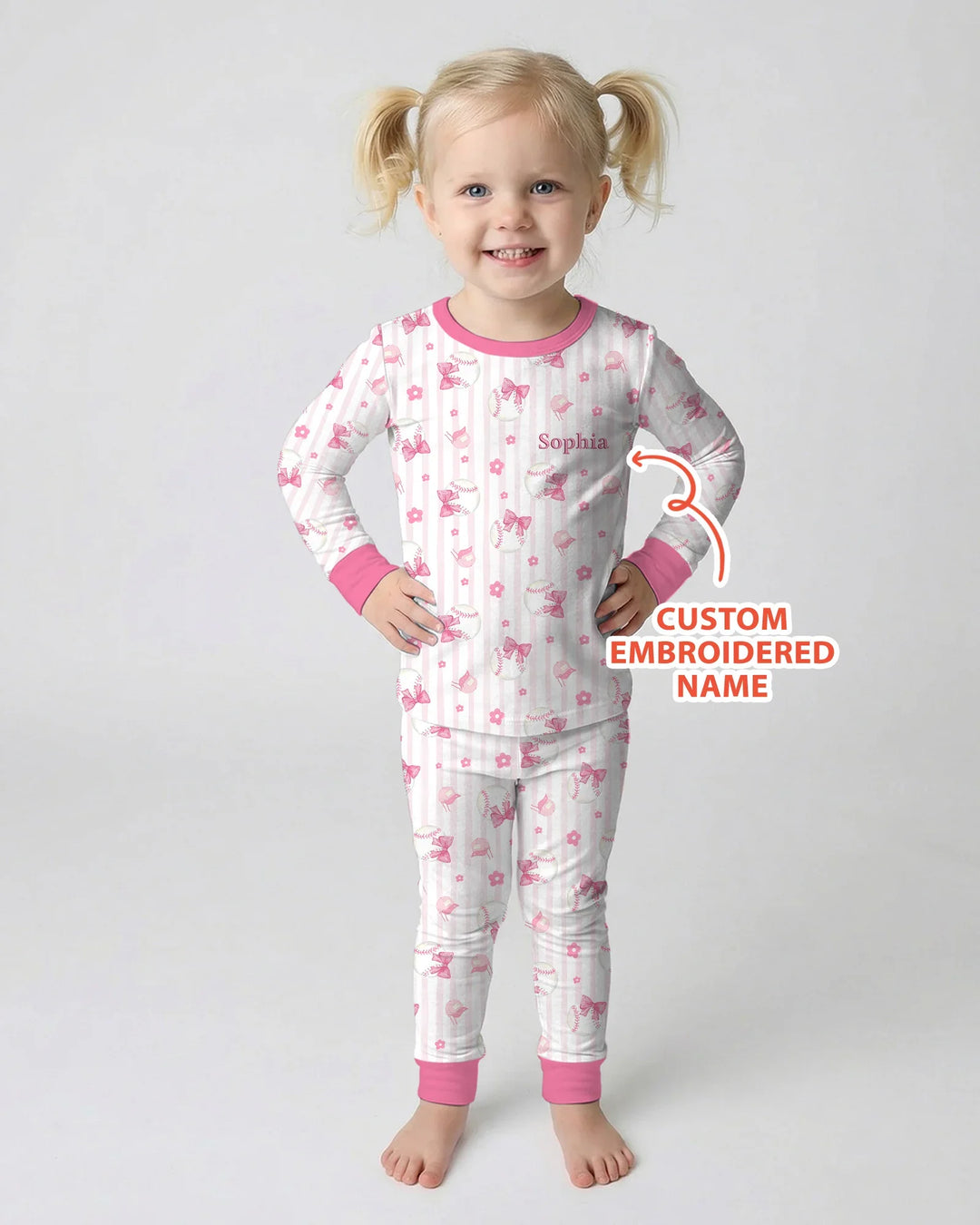 Custom Embroidered Name Baseball Girl Bamboo Two Piece Long Sleeve Pajama Set