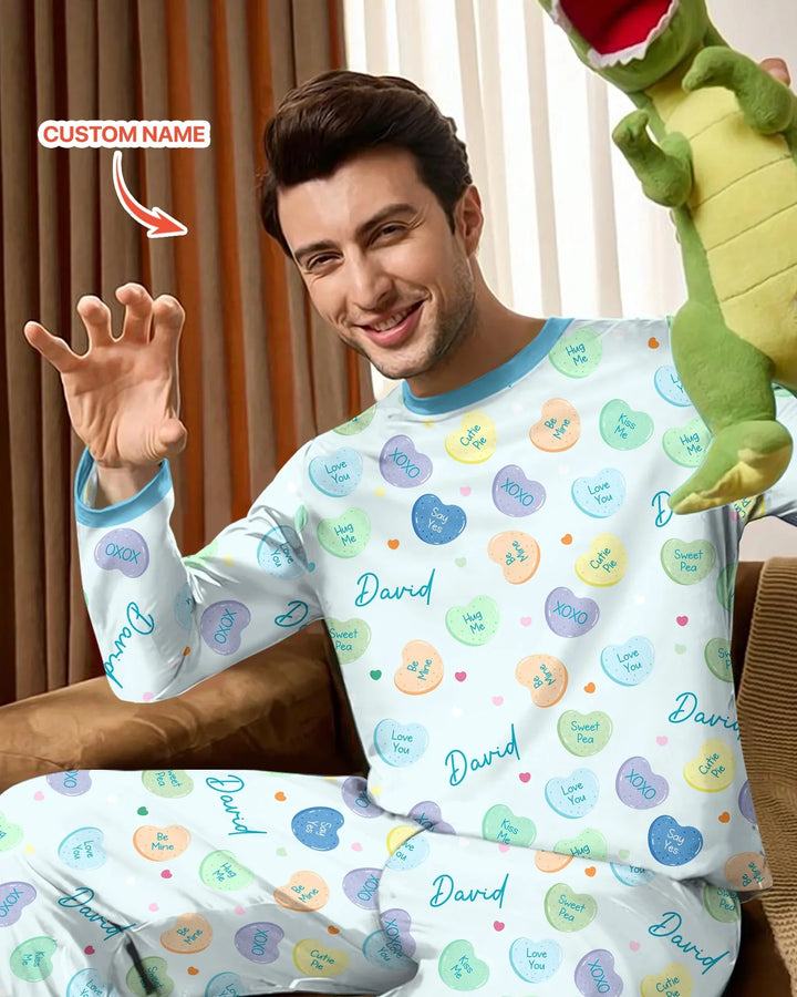 Custom Name Colorful Candy Hearts Family Matching Bamboo Men's Pajama Set