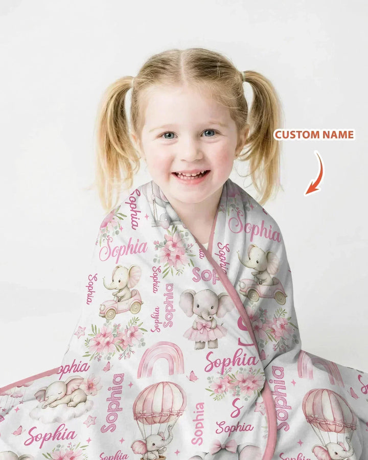 Elephant Love Custom Name Bamboo Blanket