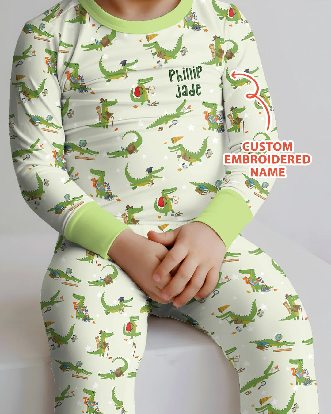 Custom Name Embroidered Alligator Bamboo Two Piece Long Sleeve Pajama Set