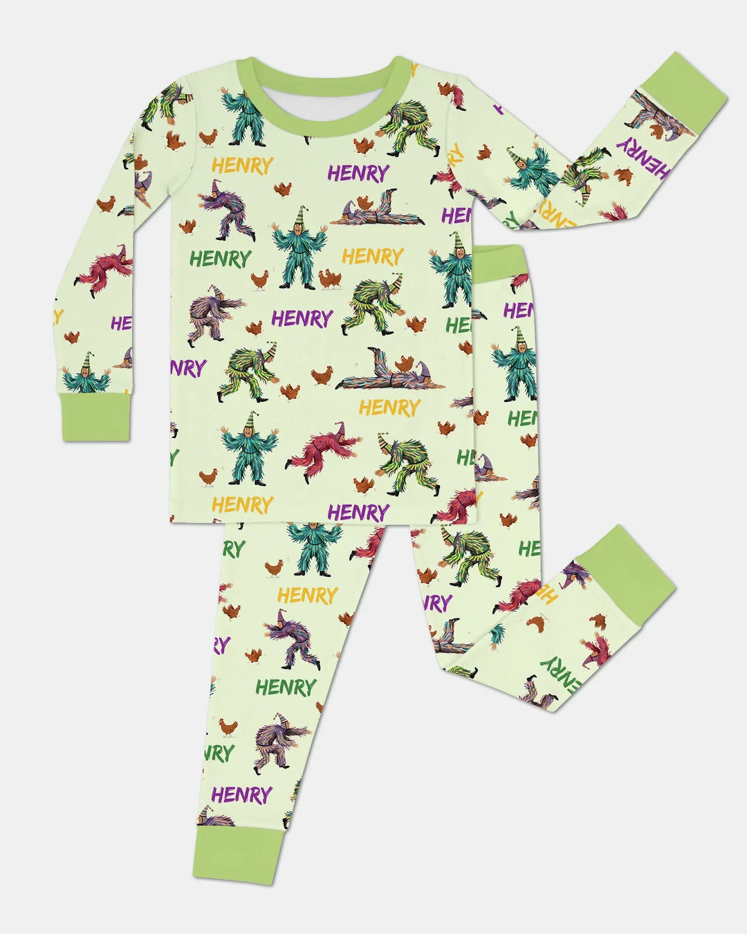 Custom Name Mardi Gras Chicken Chase Family Matching Bamboo Two Piece Long Sleeve Pajama Set