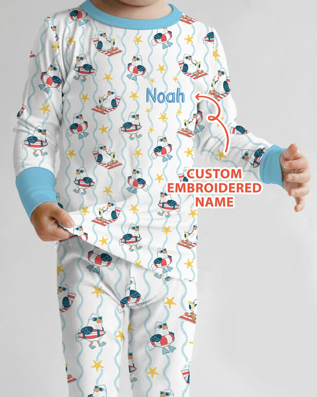 Personalized Embroidered Summer Seagull Baby Bamboo Two Piece Long Sleeve Pajama Set