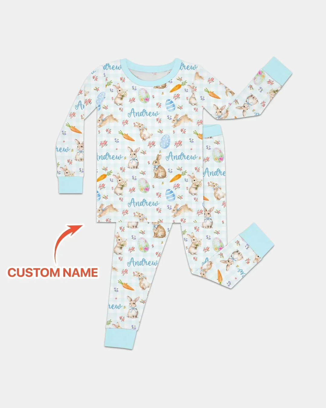 Custom Name Bunny Garden Bamboo Two Piece Long Sleeve Pajama Set