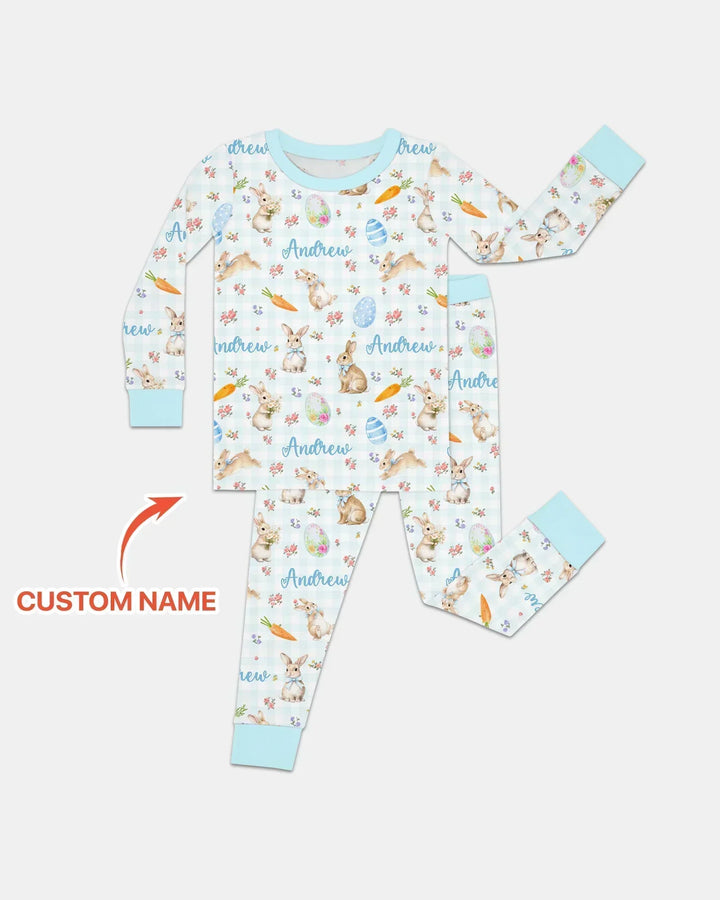 Custom Name Bunny Garden Bamboo Two Piece Long Sleeve Pajama Set