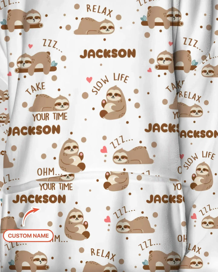 Custom Name Cute Sloth Bamboo Blanket Hoodie