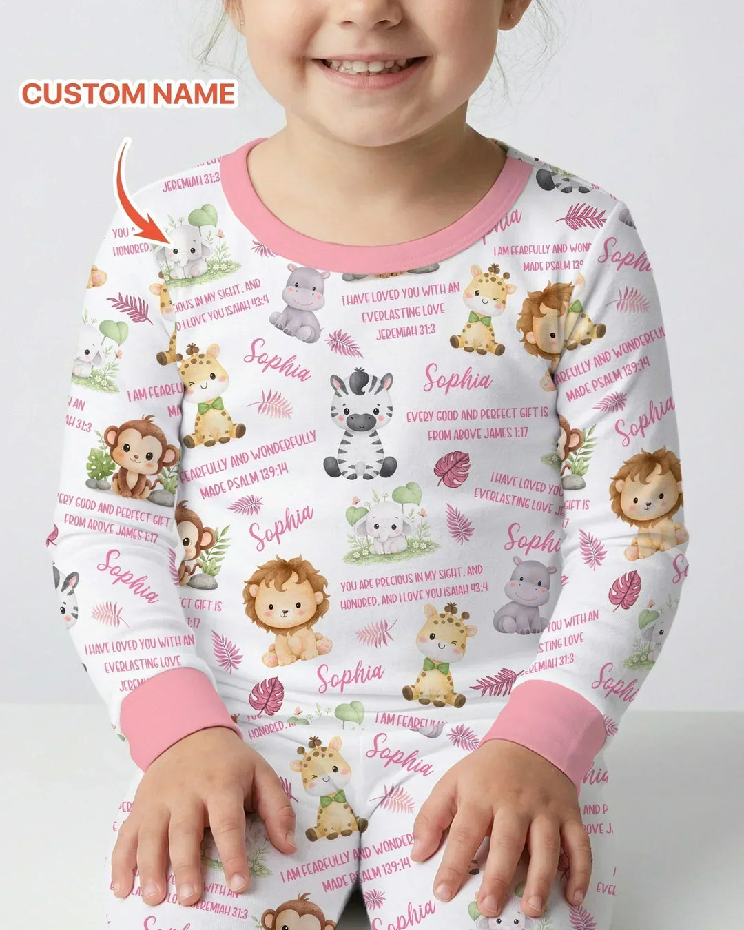 Custom Name Bible Verse Safari Animal Bamboo Two Piece Long Sleeve Pajama Set
