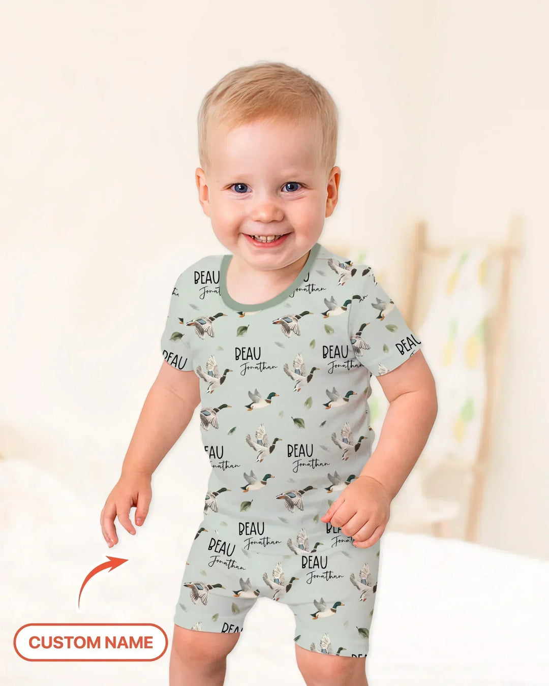 Custom Name Mallard Duck Bamboo Two Piece Short Sleeve Shorts Pajama Set