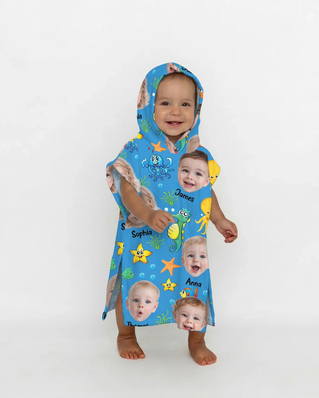 Custom Photo Cute Kid Face Watercolor Sea Creatures Summery Bamboo Swim Poncho