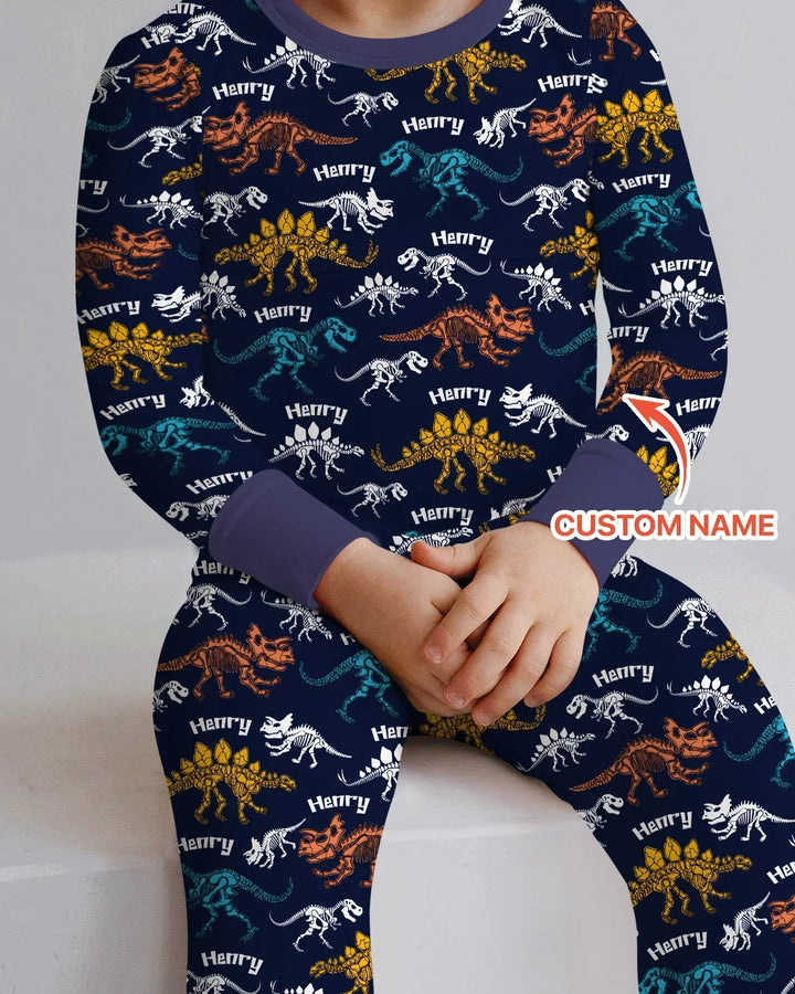 Dino Bones Parade Custom Name Bamboo Two Piece Long Sleeve Pajama Set