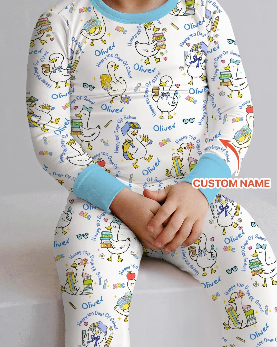 Custom Name Goose Happy 100 Days Of School Bamboo Two Piece Long Sleeve Pajama Set