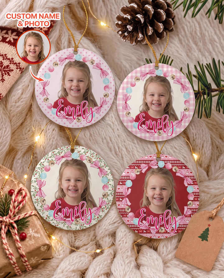Custom Photo Pink Christmas Keepsake Ceramic Ornament