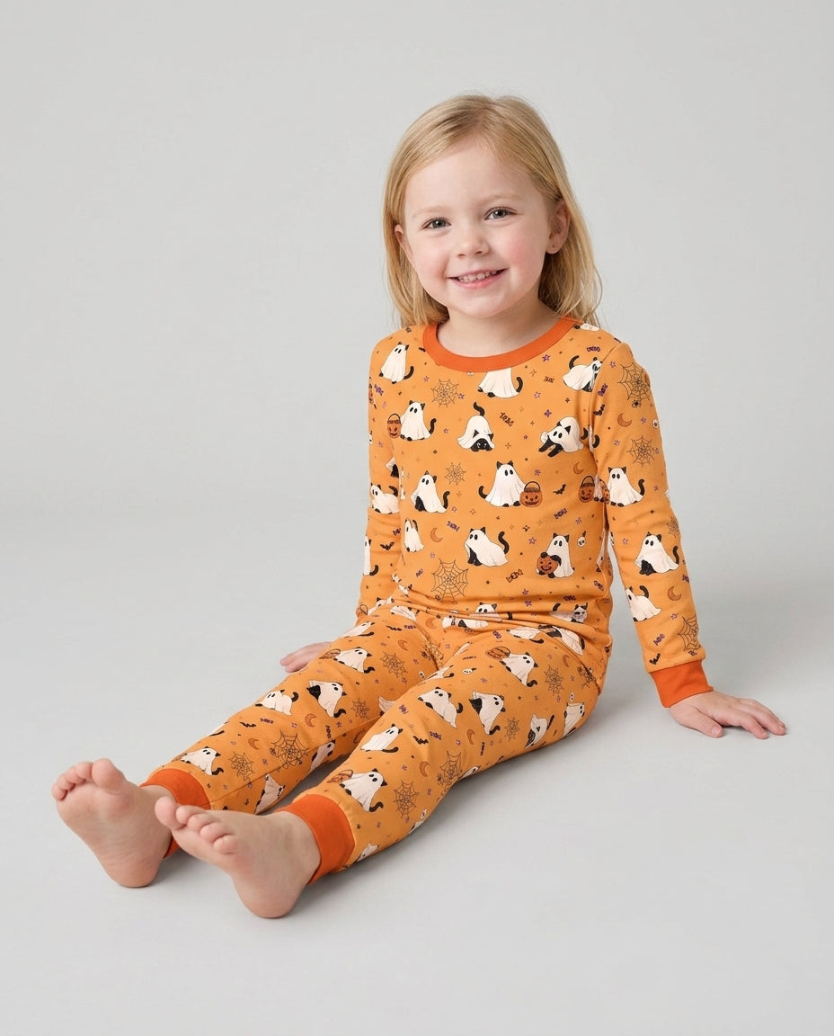 Ghost Cat Vintage Halloween Bamboo Two Piece Long Sleeve Pajama Set