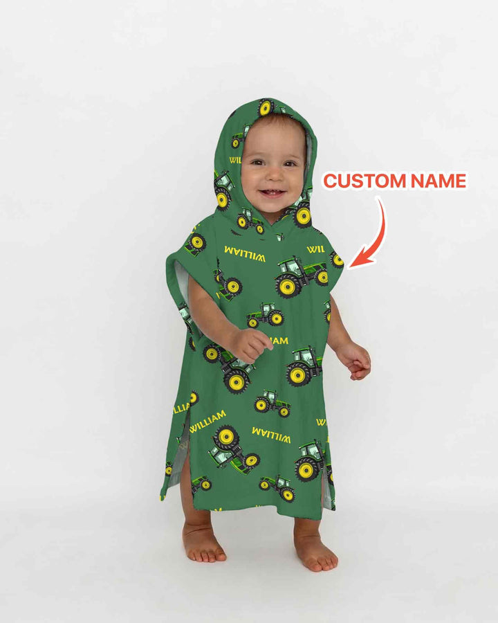 Custom Name Green Tractors Matching Daddy & Me Bamboo Swim Poncho