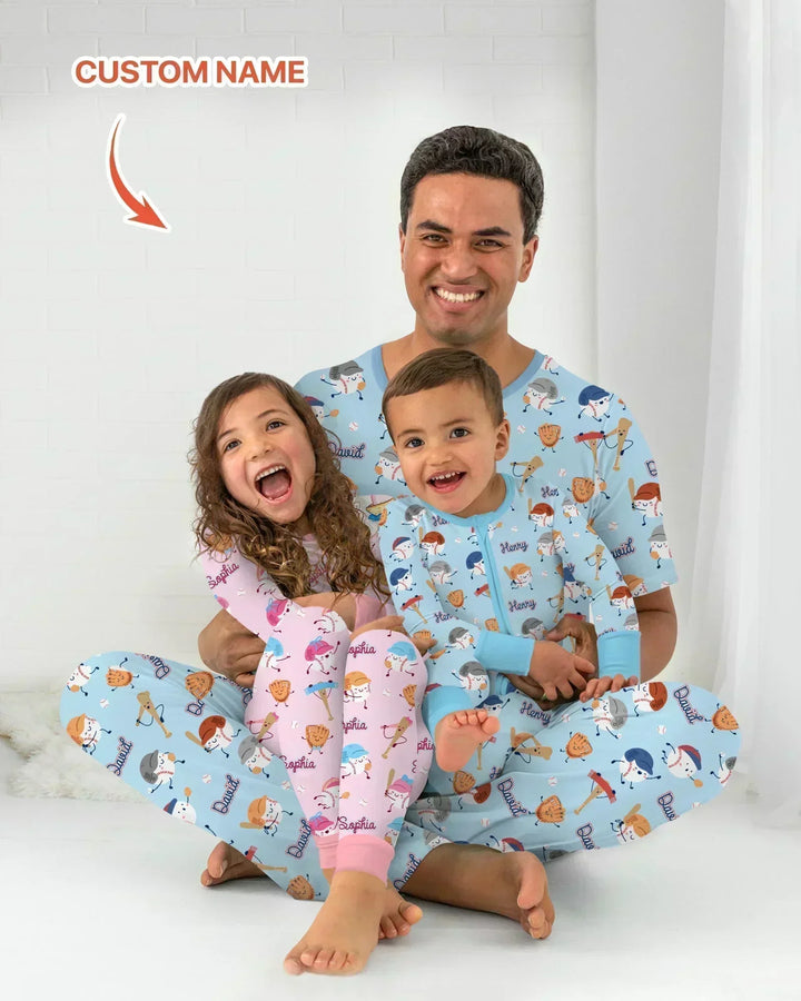 Custom Name Ballparl Family Matching Bamboo Two Piece Long Sleeve Pajama Set