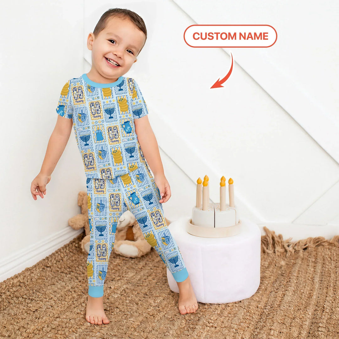 Custom Name Hanukkah Wonderland Bamboo Two Piece Short Sleeve Pajama Set