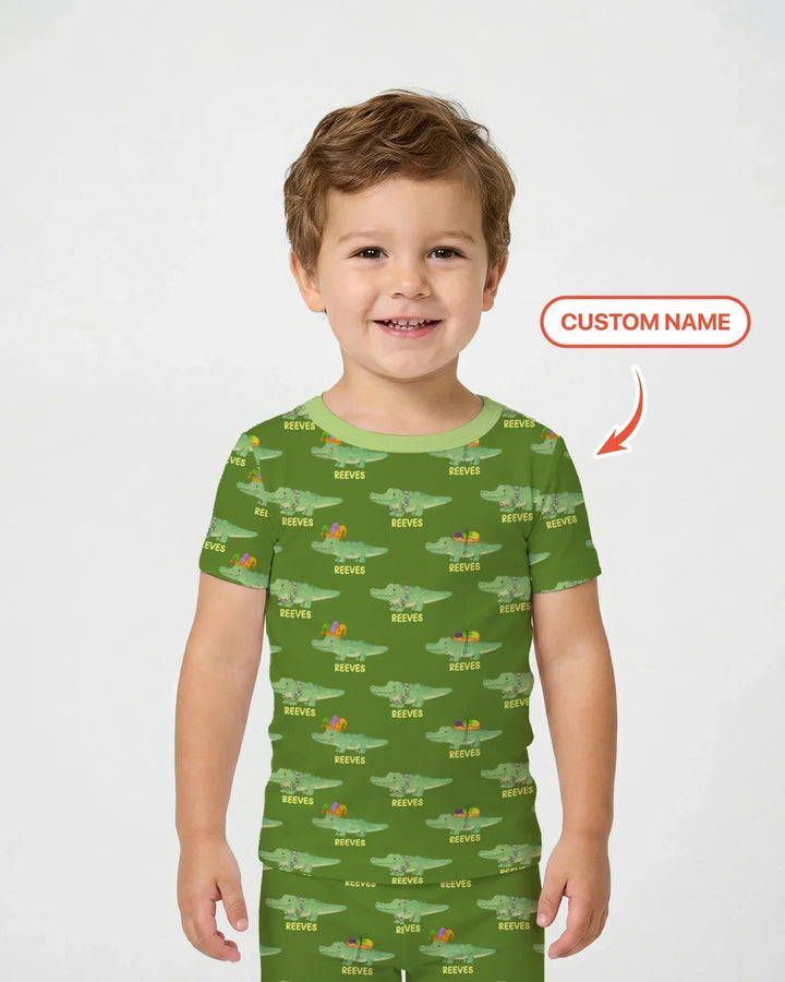 Custom Name Mardi Gras Gator Bamboo Two Piece Short Sleeve Pajama Set