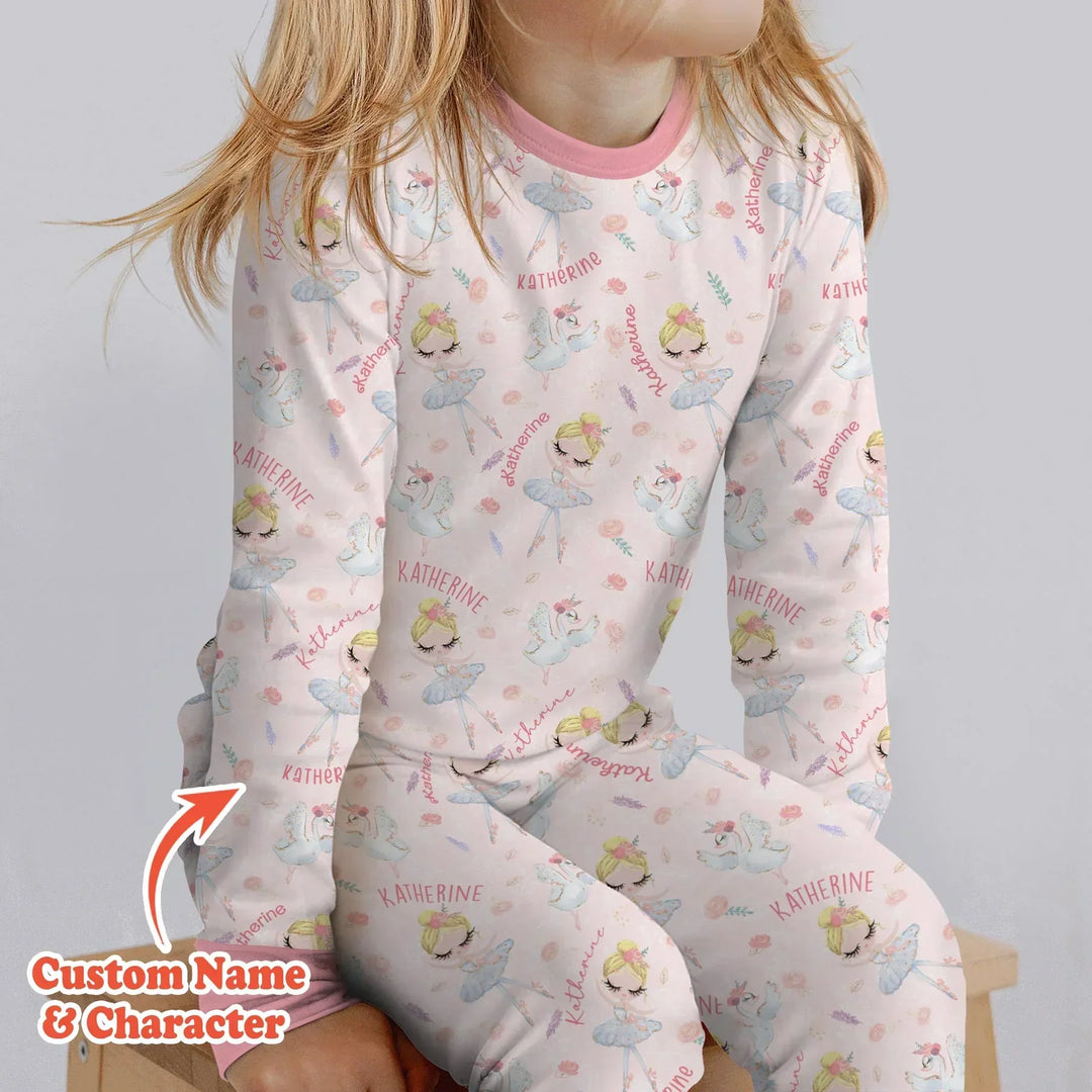 Custom Name Ballerina Doll Bamboo Two Piece Long Sleeve Pajama Set