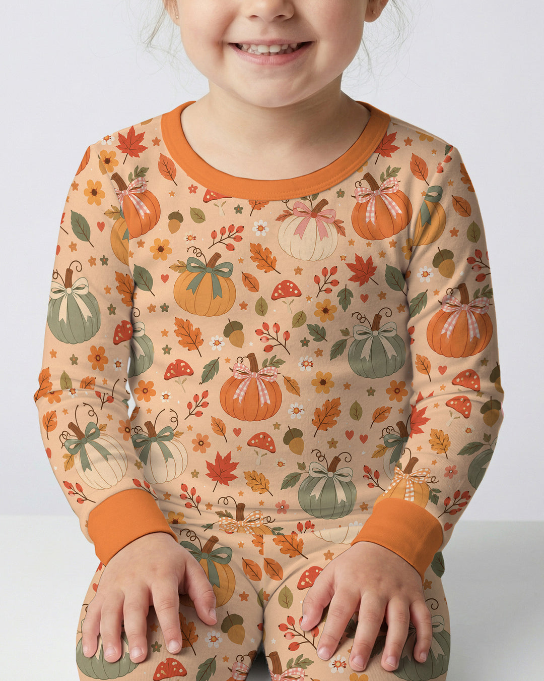 Pastel Pumpkin Bow Fall Bamboo Two Piece Long Sleeve Pajama Set